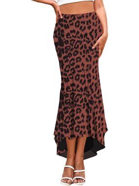 Women's Leopard Waist Fabric Bodycon Fishtail Elastic Low Hem Long Maxi Skirt